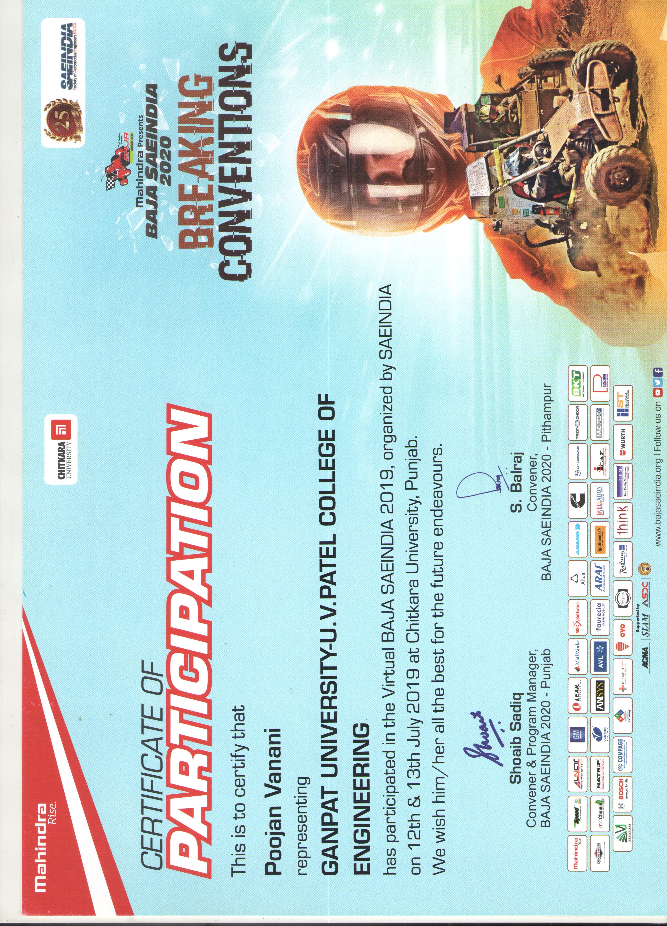 Baja SAE Virtuals certificate